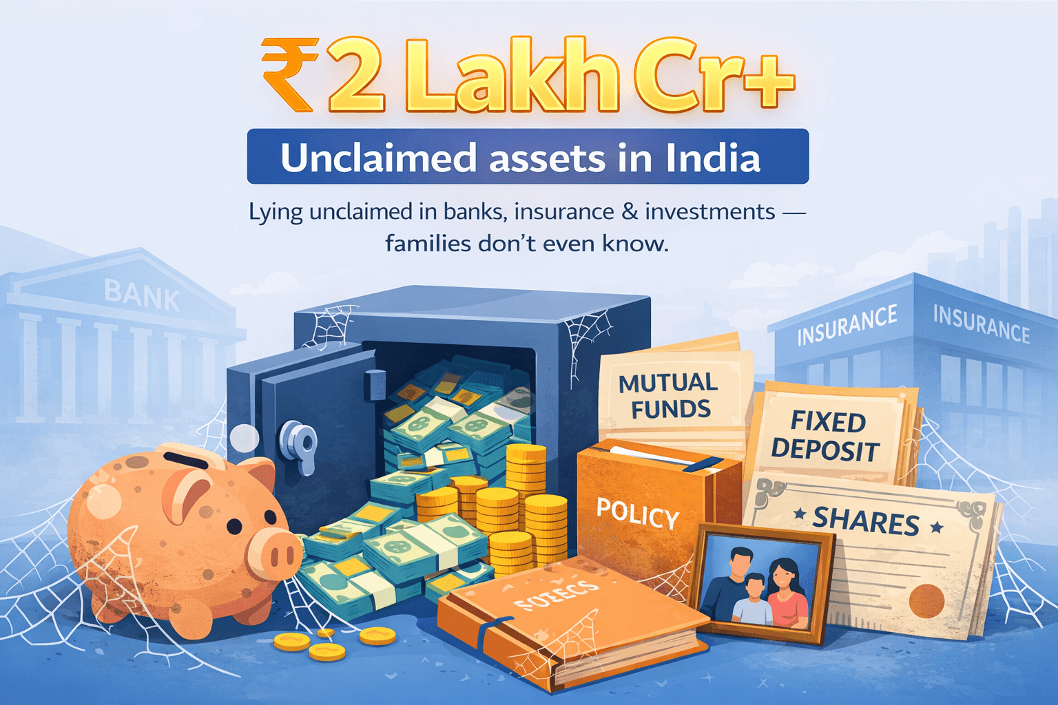 ₹2 Lakh Crore+ unclaimed assets lying in banks, insurance and investments across India — families don't even know