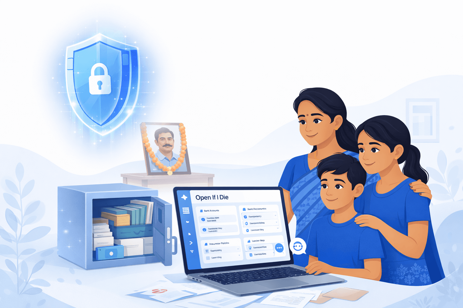 Family smiling and securely accessing organized financial information through ApnaBharosa