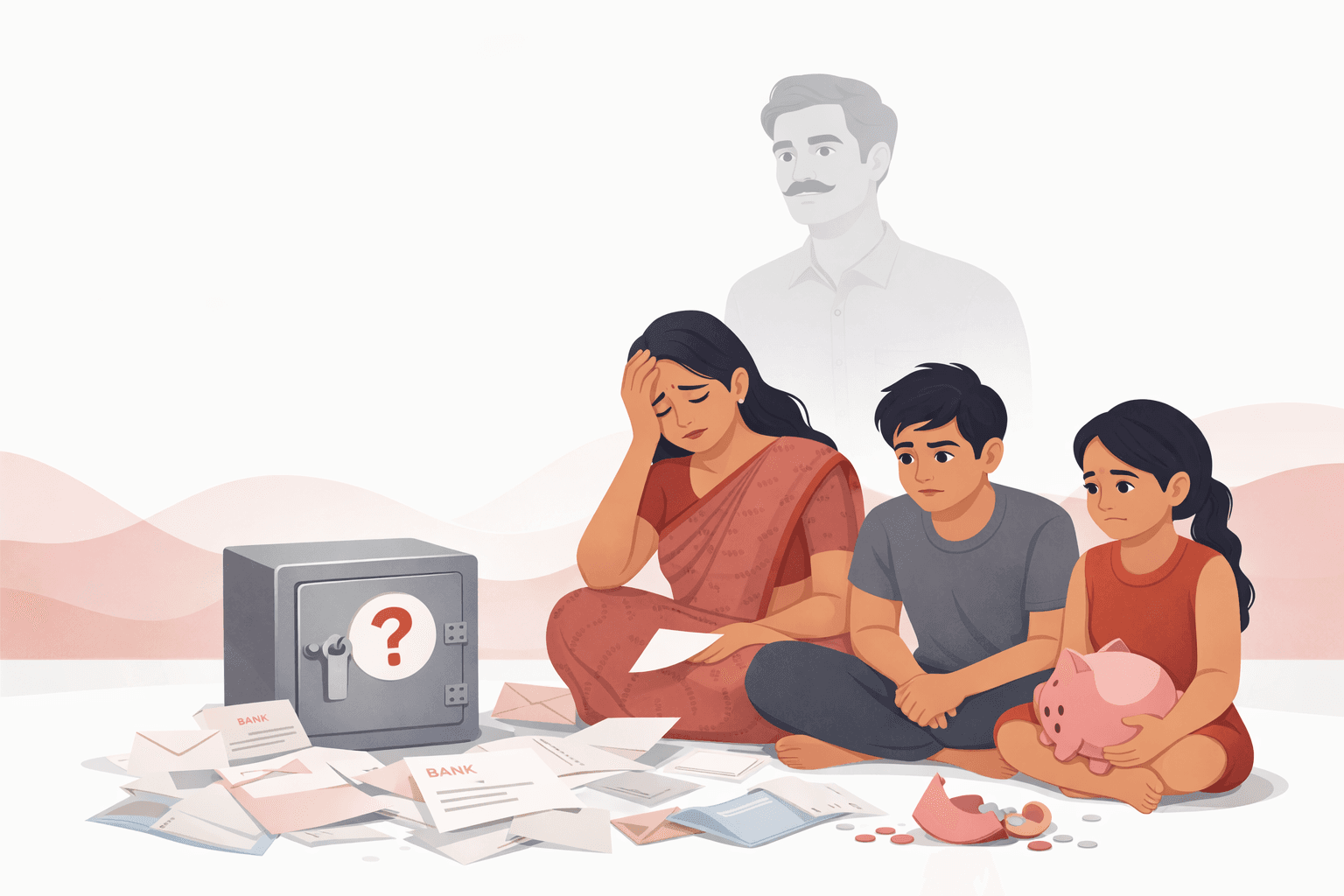 Family struggling with scattered documents and a locked vault after losing a loved one